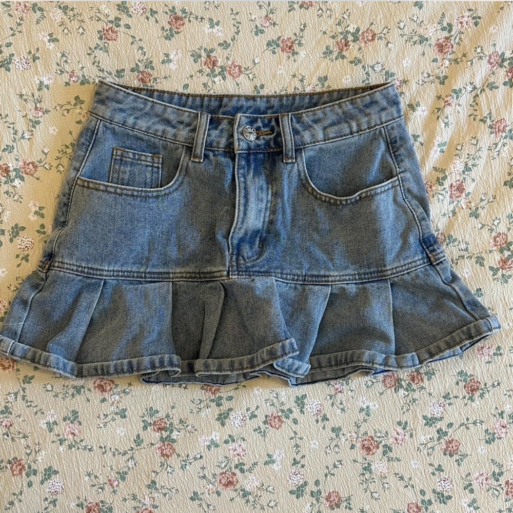 Denim Ruffle Mini Skirt - Blue